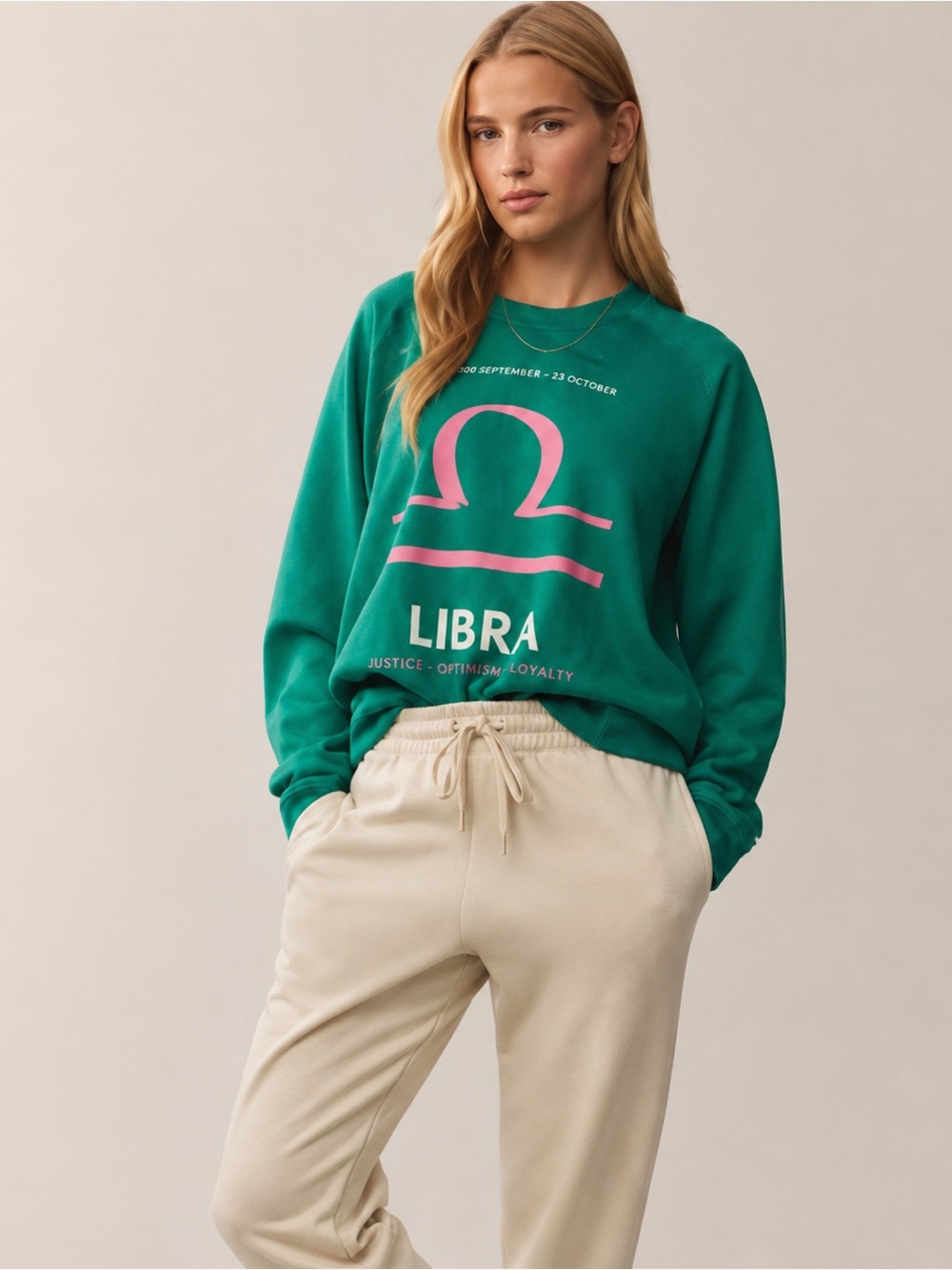 Anthropologie Green Sweatshirt with Pink Libra Graphic